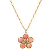 14K YG Pink Opal, Green Tourmaline and Diamond Blossom Necklace