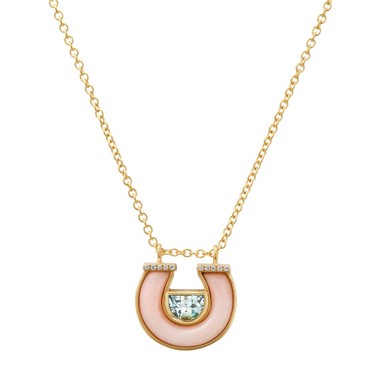 14K YG Blue Topaz, Pink Opal and Diamond Horseshoe Necklace