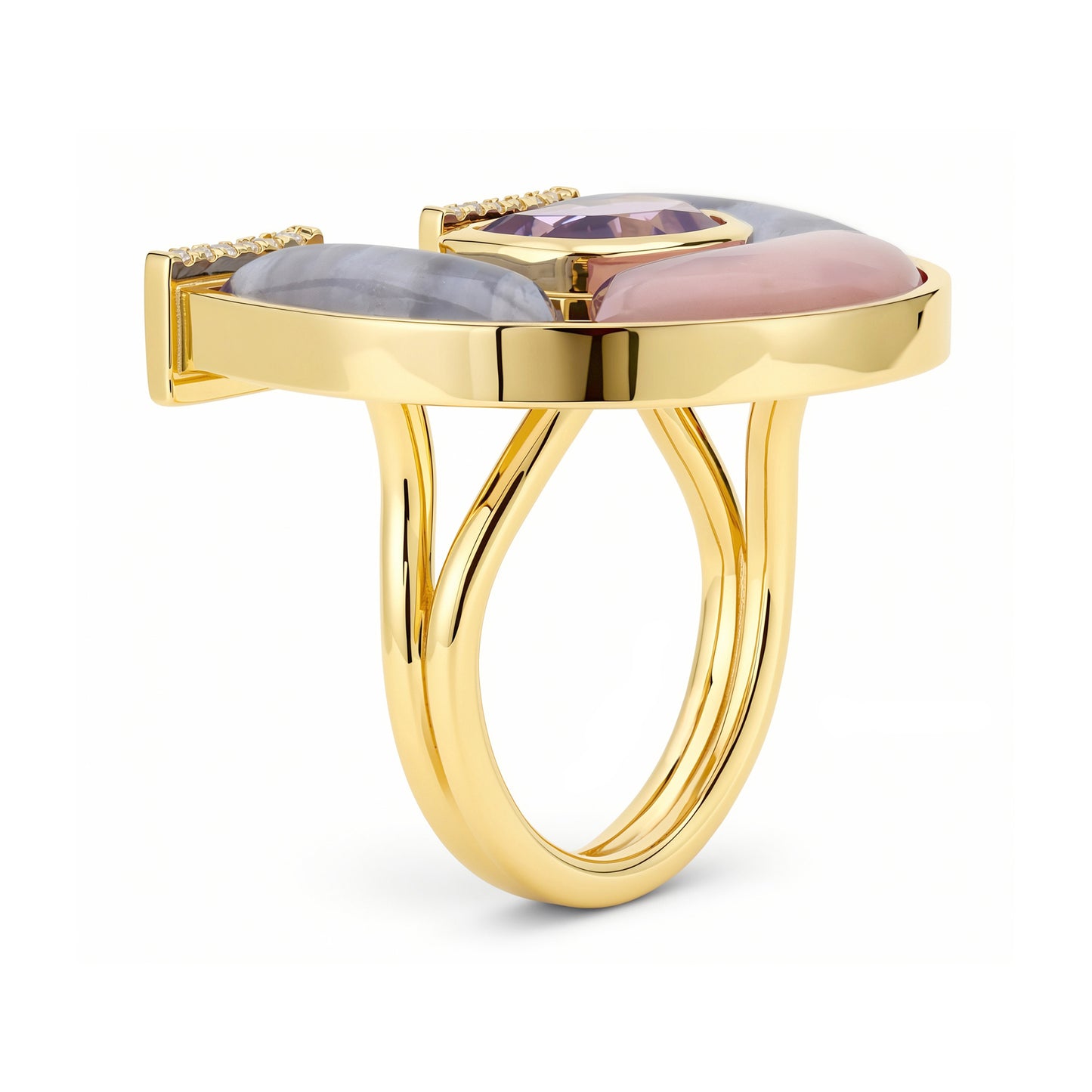 14K YG Jumbo Amethyst, Pink Opal, Lace Agate and Diamond Horseshoe Ring
