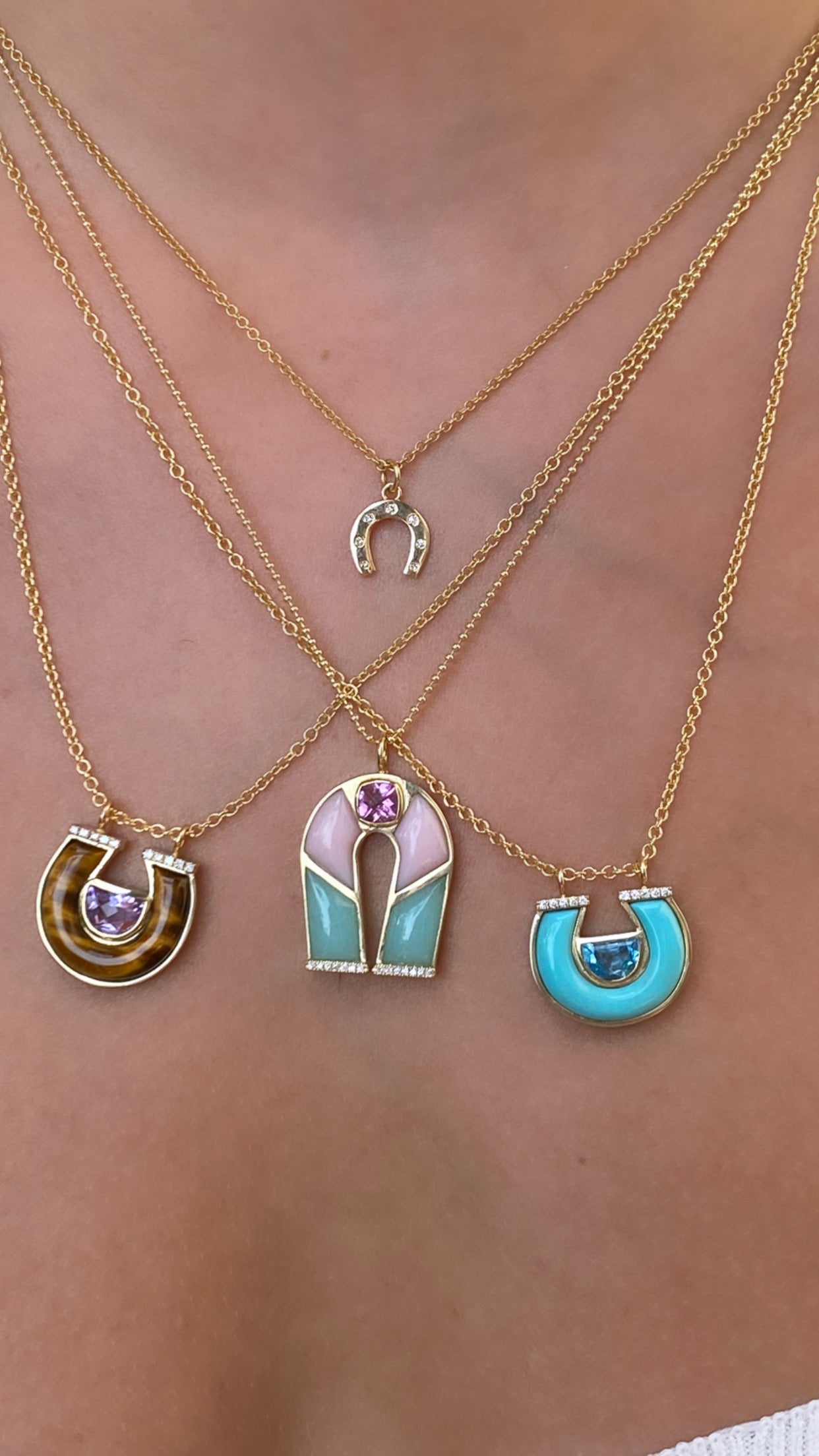 14K YG Blue Topaz, Turquoise and Diamond Horseshoe Necklace