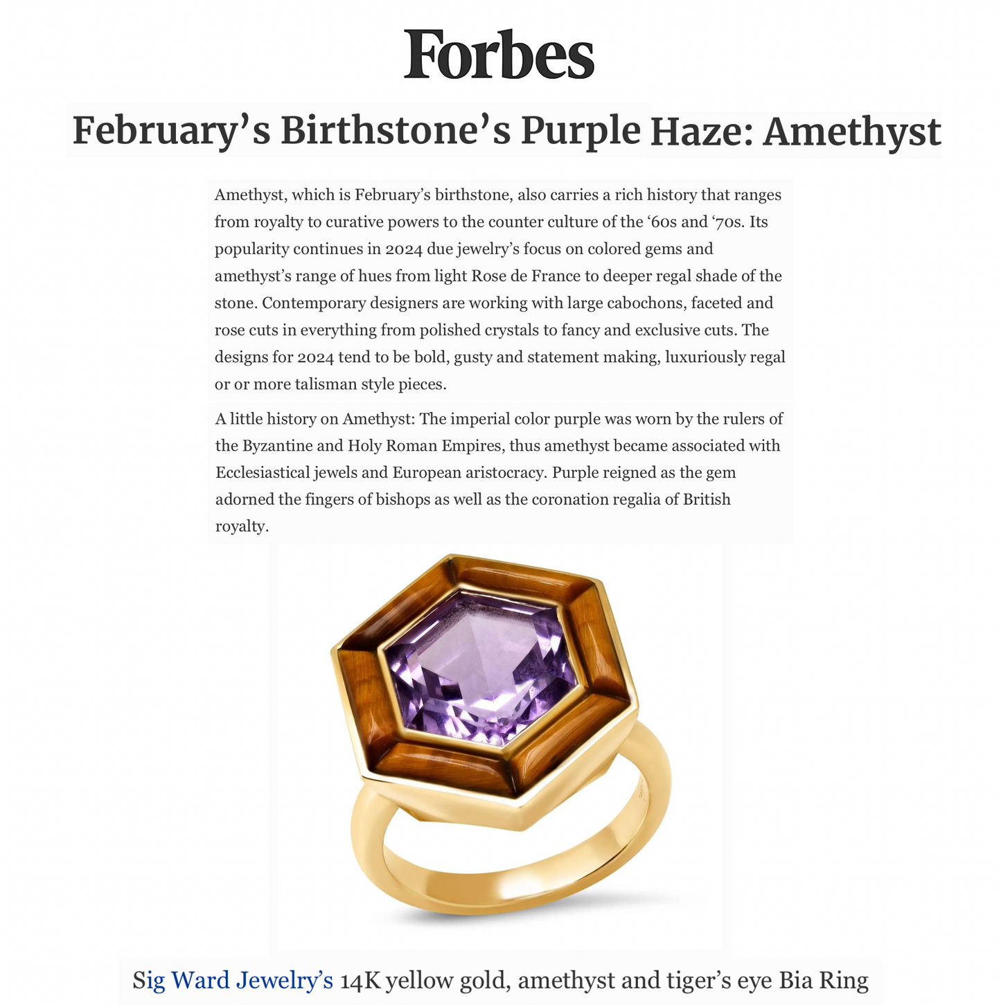 14K YG Amethyst and Tiger's Eye Bia Ring
