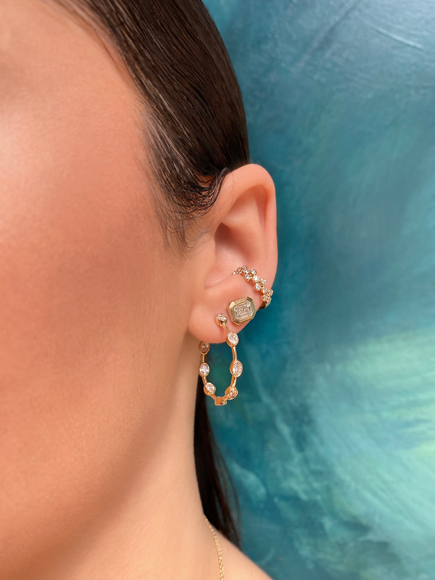 14K Yellow Gold Inside Out Oval Diamond Hoops