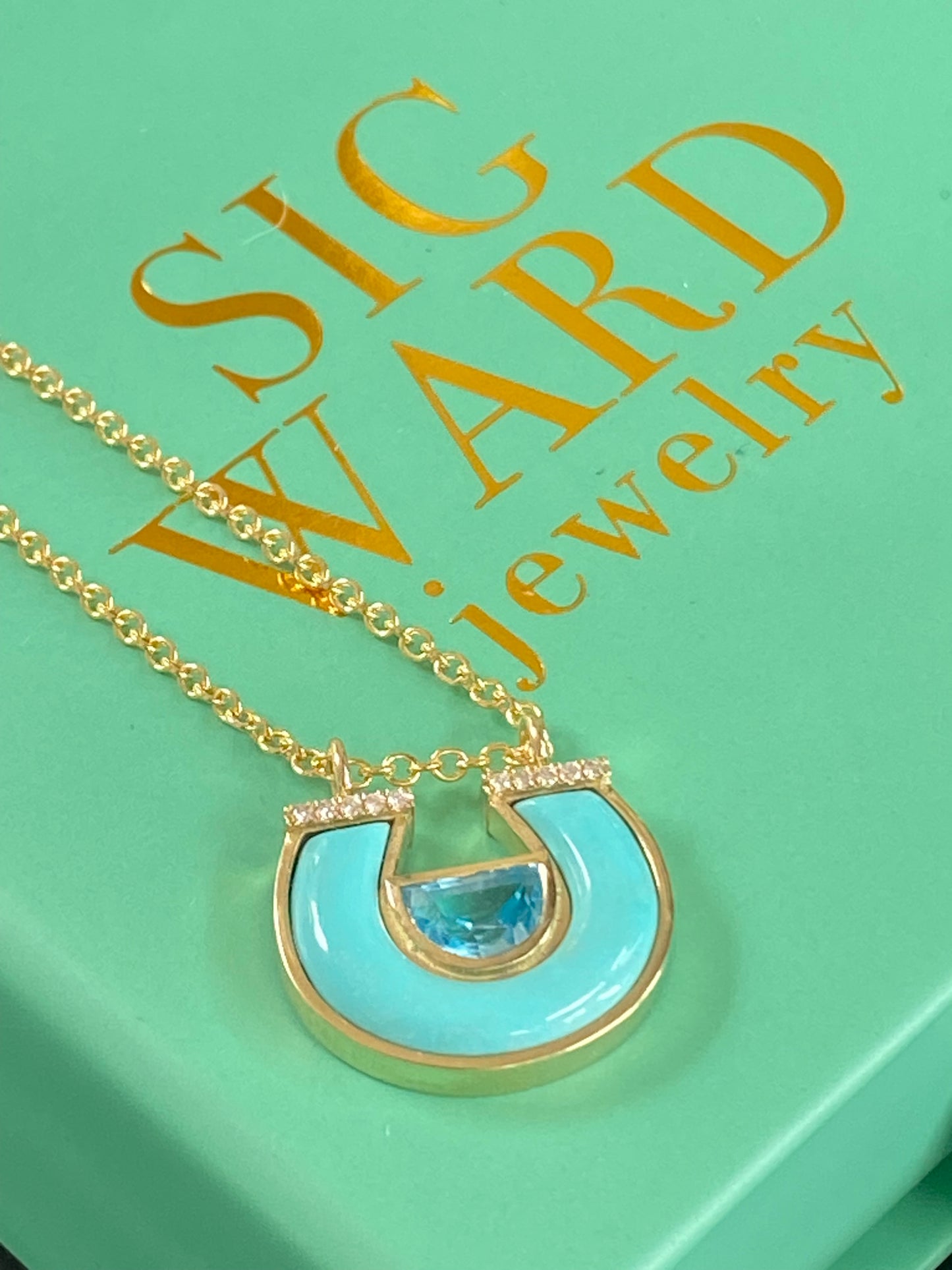 14K YG Blue Topaz, Turquoise and Diamond Horseshoe Necklace