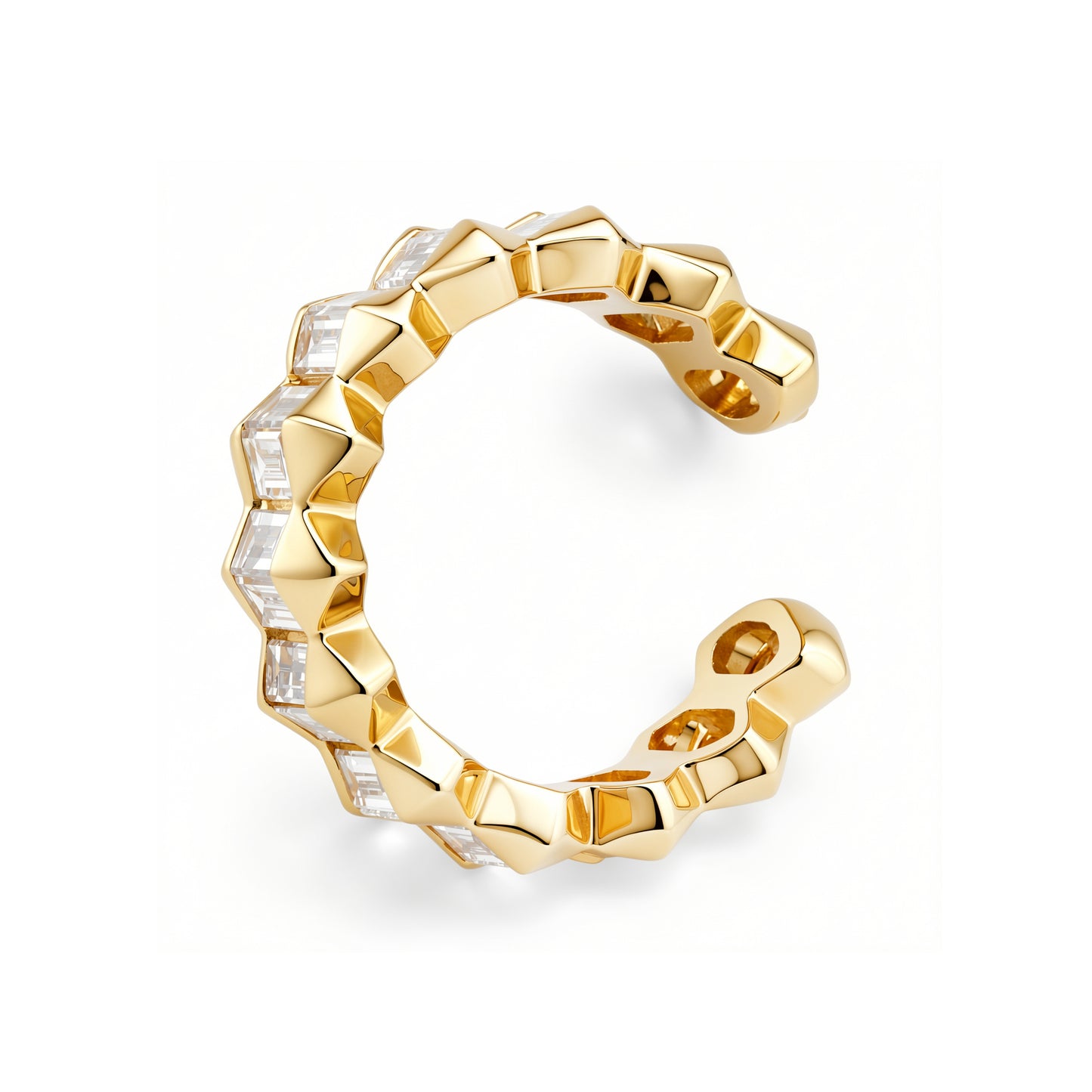 14K yellow gold Cassie baguette diamond ear cuff featuring a sleek modern design with sparkling baguette-cut diamonds set in a polished gold cuff that requires no piercing.