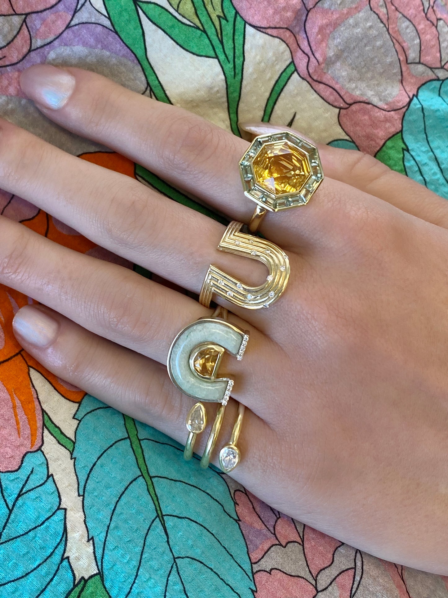 Sig Ward Jewelry 14K yellow gold Citrine and Tsavorite Bia Ring featuring a vibrant citrine and vivid tsavorite garnet in a contemporary fine jewelry design.