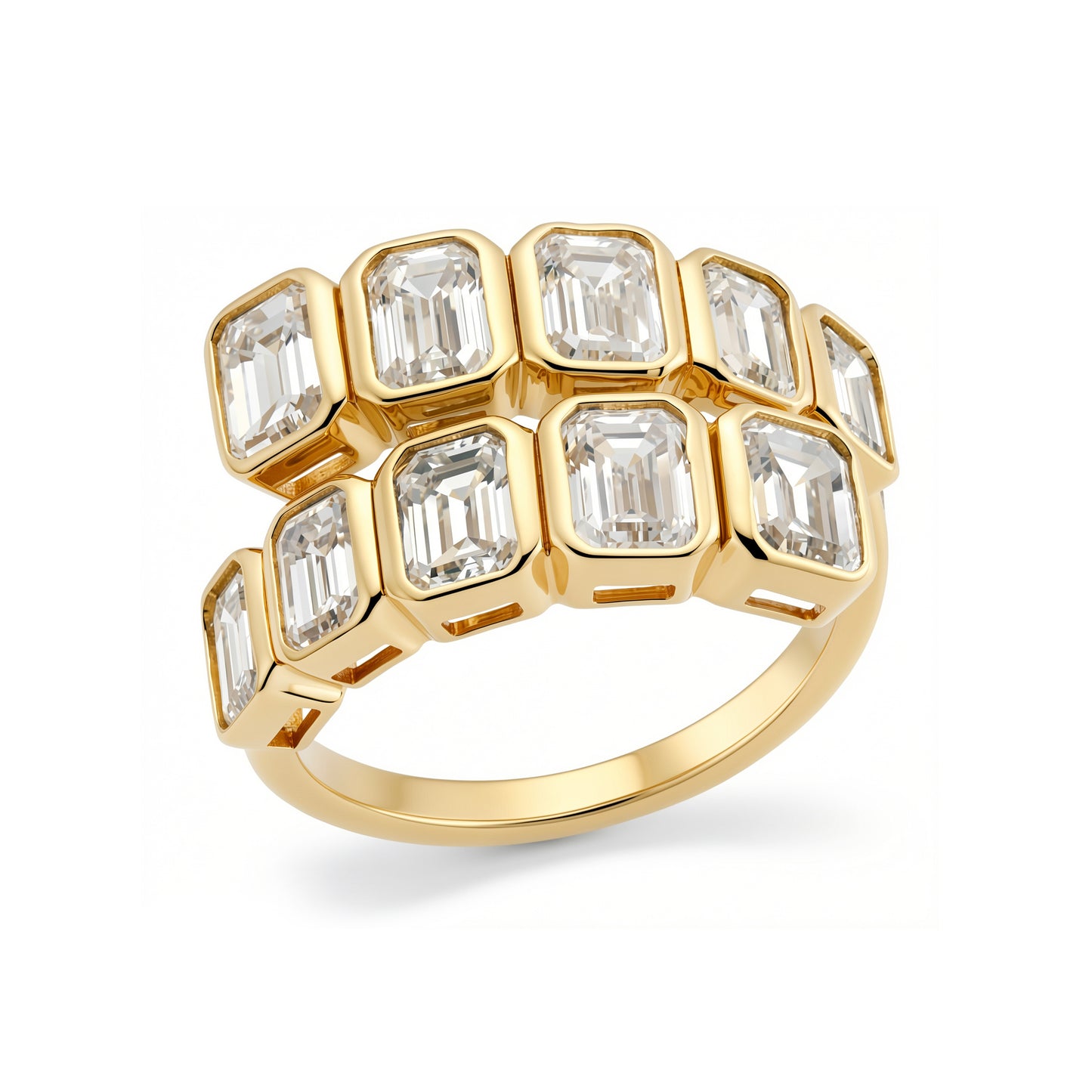 14K yellow gold emerald-cut diamond criss-cross ring featuring a modern crossover design with a striking emerald-cut center diamond accented by sparkling round diamonds along the intersecting bands.