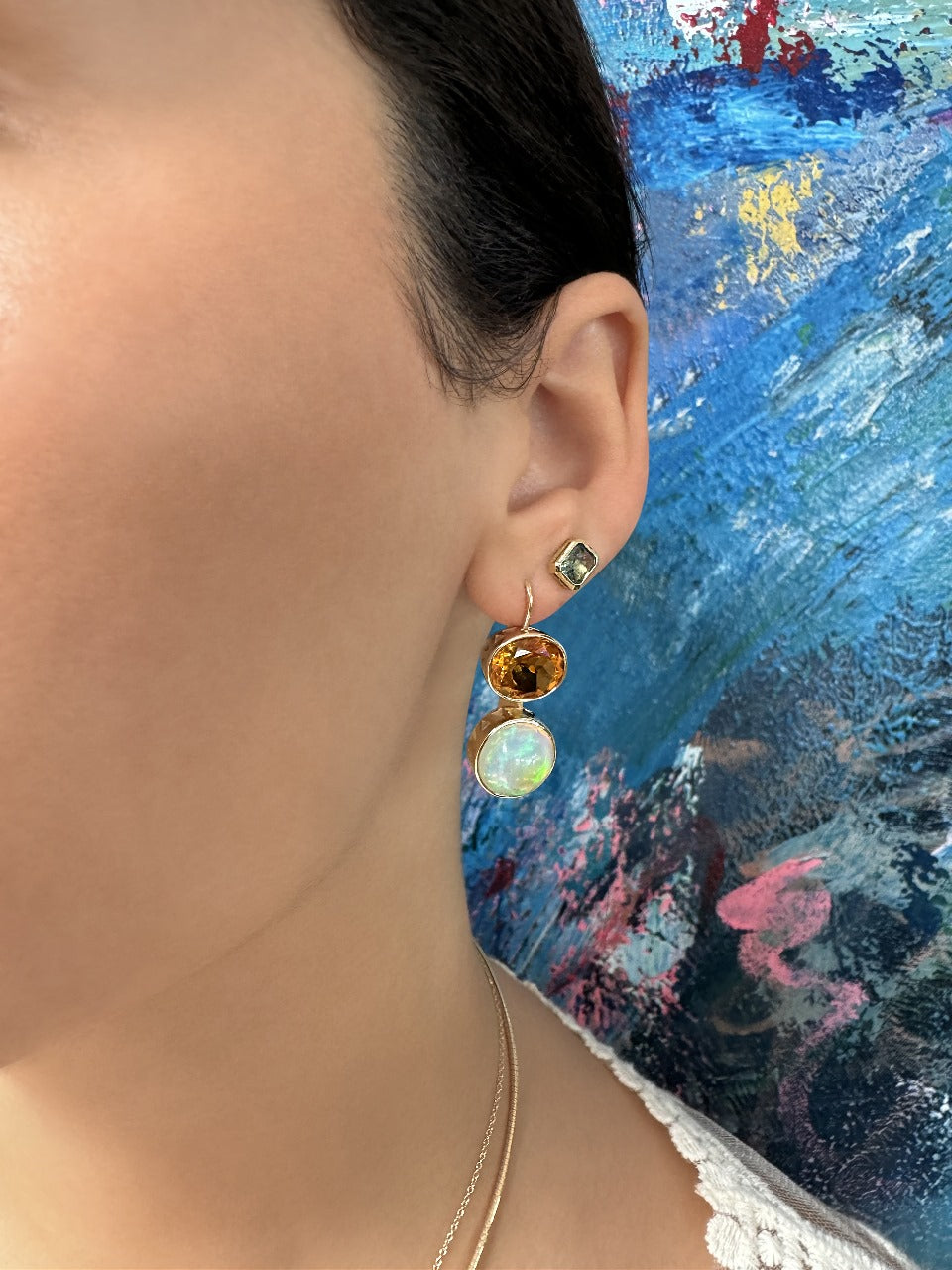 Sig Ward Jewelry Lifestyle Featuring The 14K Yellow Gold Opal And Citrine Duo Earrings Showcasing Vibrant Opal And Citrine Gemstones In A Modern Heirloom Design.