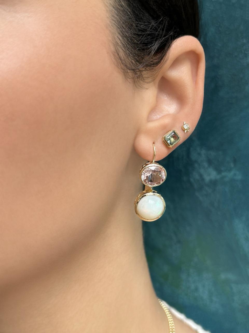 Sig Ward Jewelry Lifestyle Featuring The 14K Yellow Gold Opal And Morganite Duo Earrings Showcasing Vibrant Opal And Morganite Gemstones In A Modern Heirloom Design.