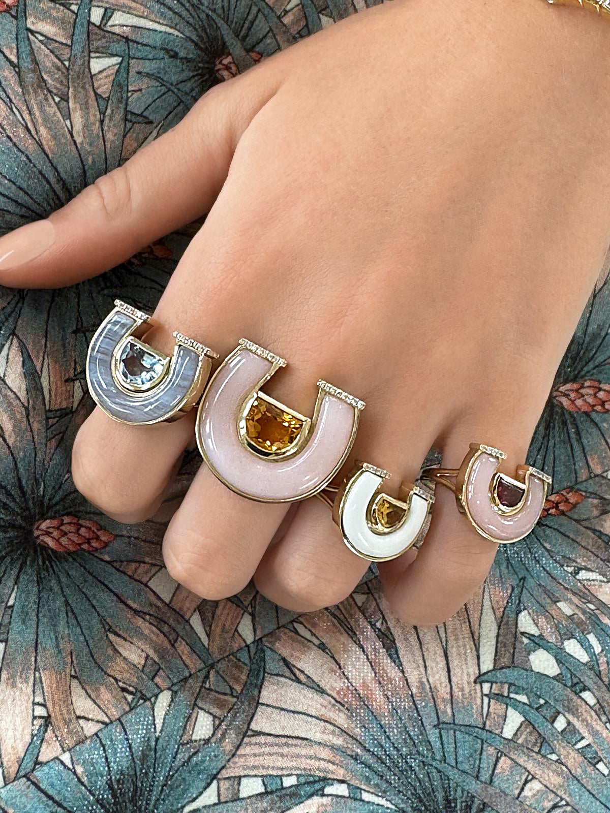 Sig Ward Jewelry 14K Yellow Gold Citrine, White Agate and Diamond Horseshoe Ring and Garnet, Pink Opal and Diamond Horseshoe Ring