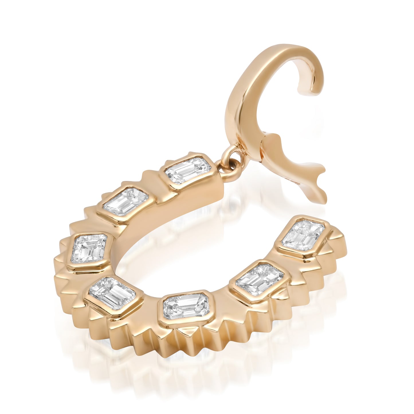 14K yellow gold Emerald Cut Diamond Horseshoe Charm Pendant by Sig Ward Jewelry, featuring emerald-cut natural diamonds in a modern horseshoe design.
