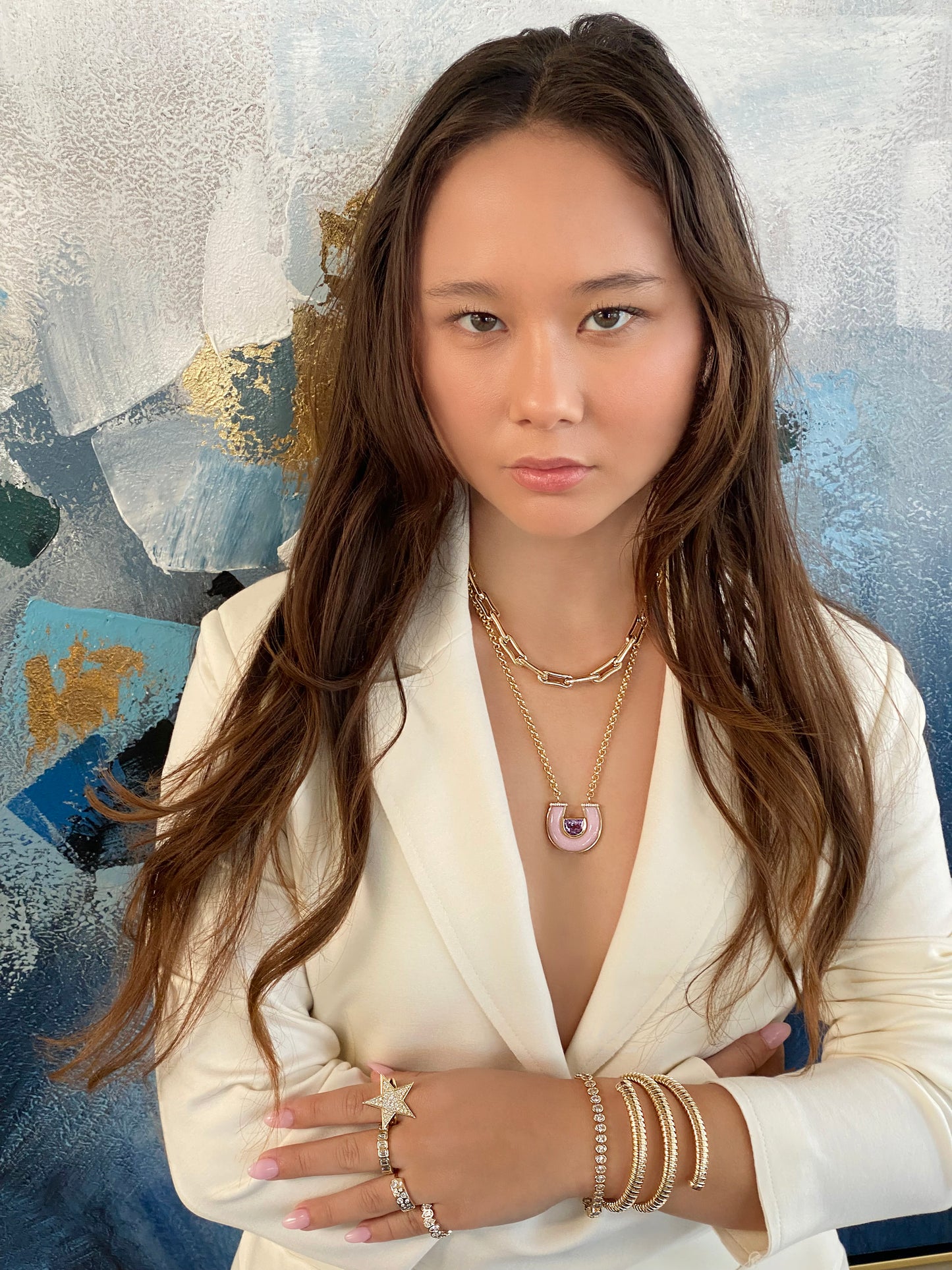 Sig Ward Jewelry 14K yellow gold Jumbo Amethyst, Pink Opal and Diamond Horseshoe Necklace featuring natural jumbo amethyst, pink opal, and diamond accents in a handcrafted luxury fine jewelry design inspired by modern heirlooms and the symbolic horseshoe motif.