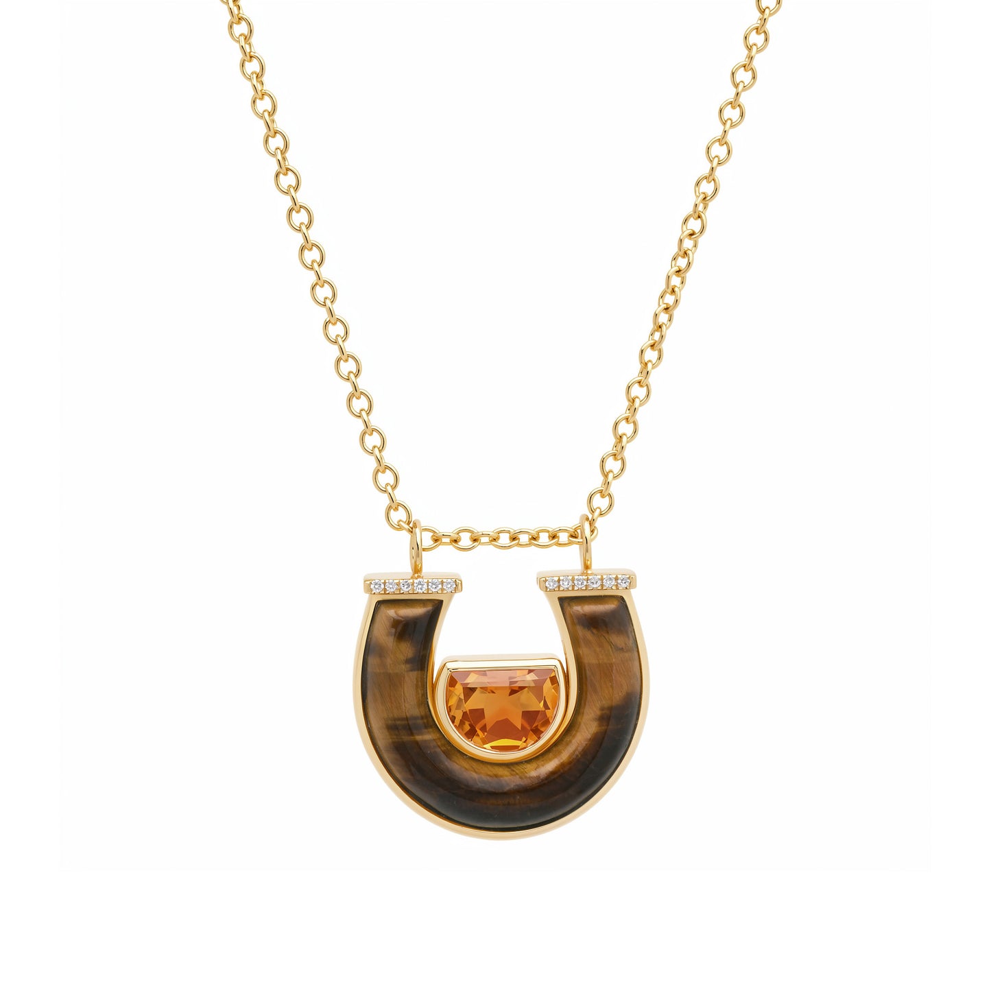 Front view of the Sig Ward Jewelry 14K yellow gold Medium Citrine, Tiger's Eye and Diamond Horseshoe Necklace featuring a horseshoe pendant with warm citrine, natural tiger's eye, and sparkling diamonds, symbolizing luck, strength, and prosperity.