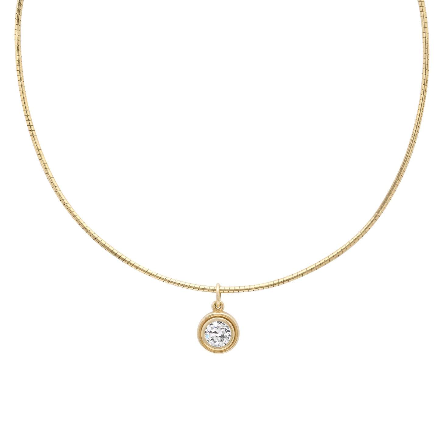 Close-up of the Sig Ward Jewelry 14K yellow gold Omega Brilliant Round Cut Diamond Solitaire Collar featuring a brilliant round-cut solitaire diamond in a sleek, modern luxury necklace design.