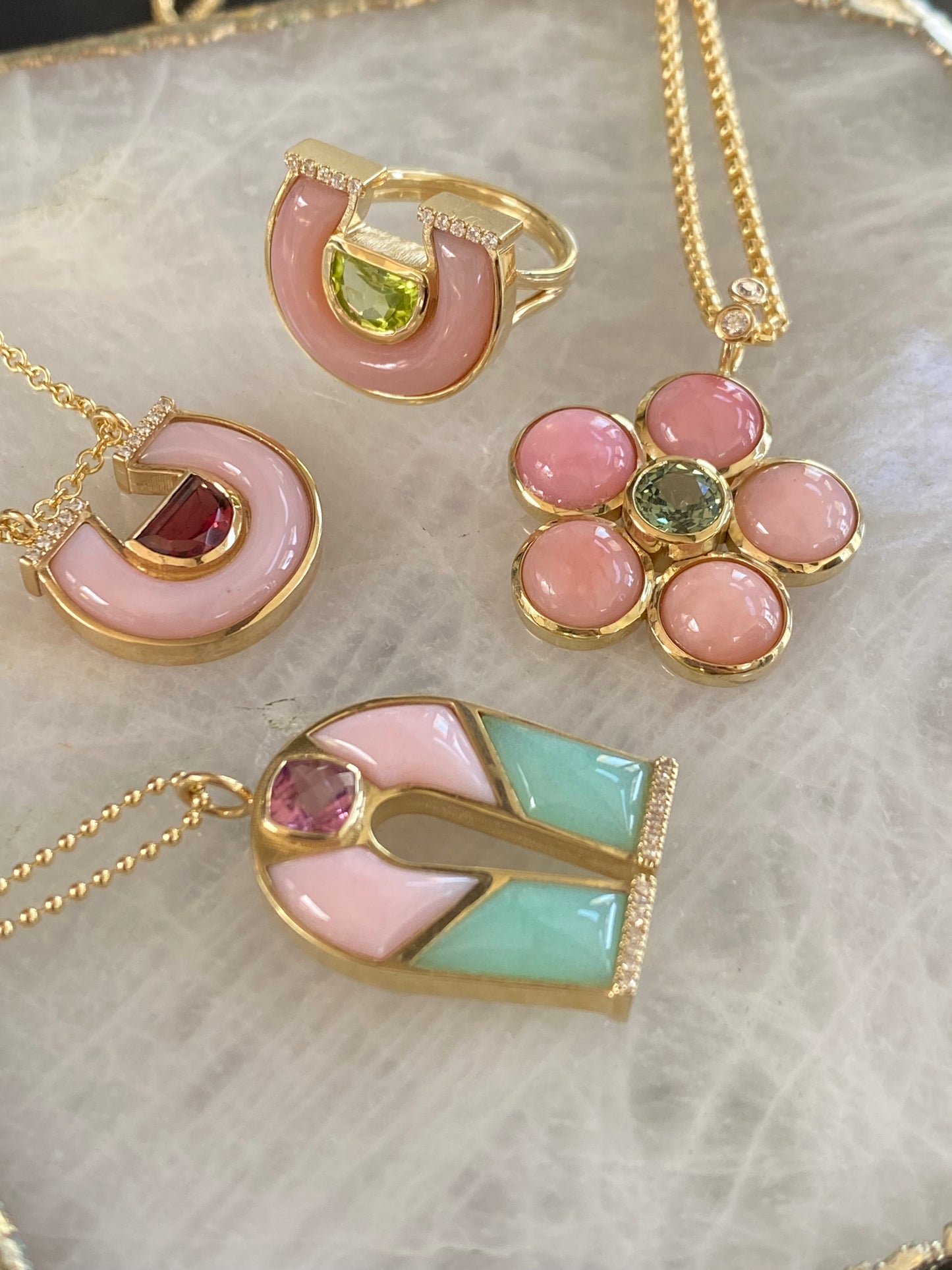 14K Yellow Gold Horseshoe Necklace Featuring Pink Tourmaline, Pink Opal, And Diamond Accents By Sig Ward Jewelry.