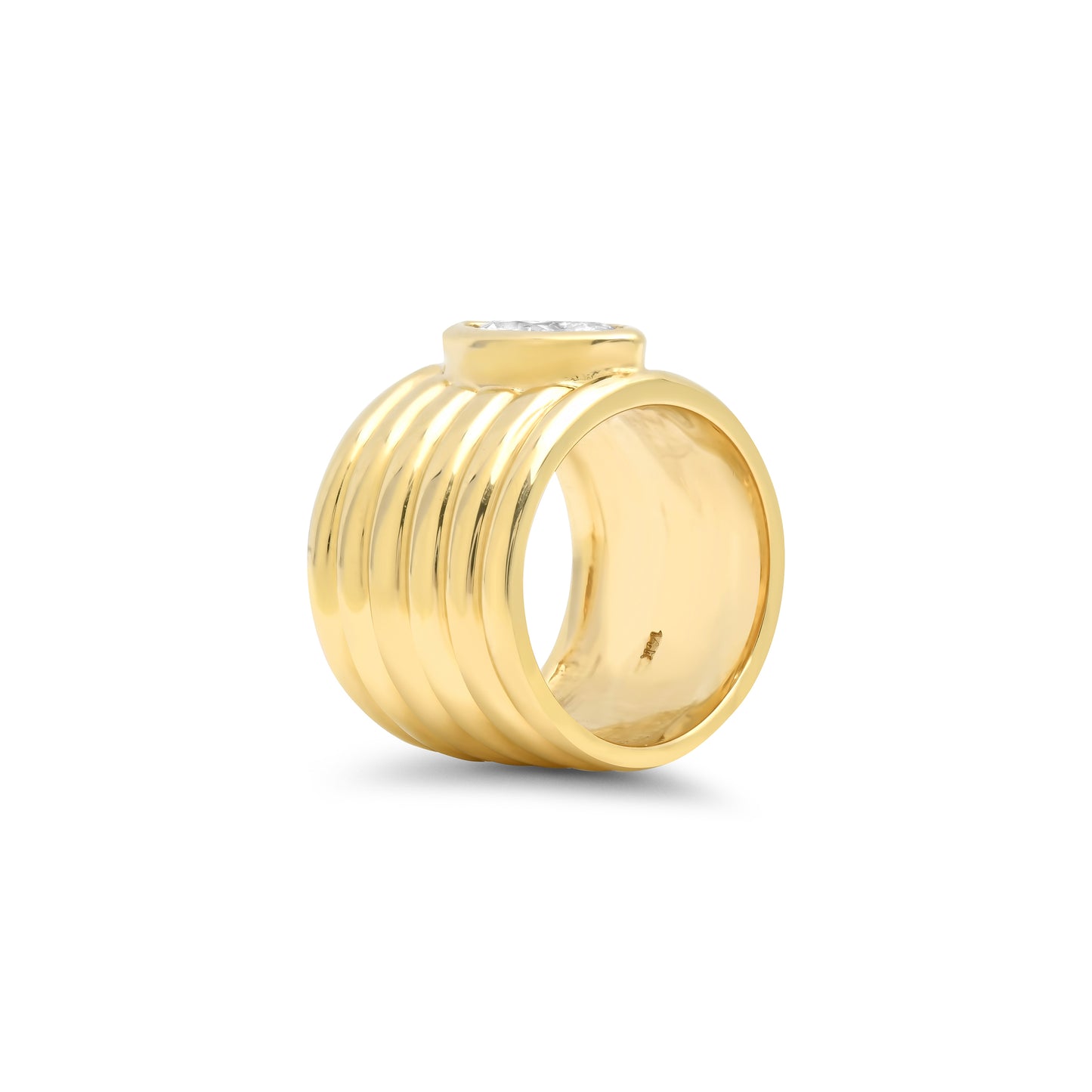 Side view of the Sig Ward Jewelry 14K Yellow Gold Romy Marquise Shape Cigar Band featuring a bold cigar band silhouette with an elegant marquise-shaped design in polished 14K yellow gold.