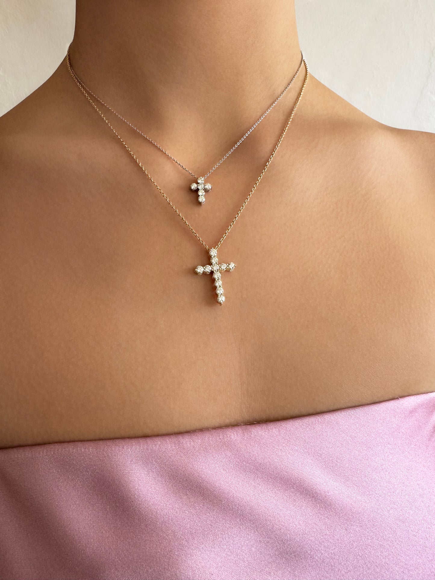 Sig Ward Jewelry 14K YG Alix and Lexa Diamond Cross Necklaces featuring diamond cross pendants in polished 14K yellow gold.