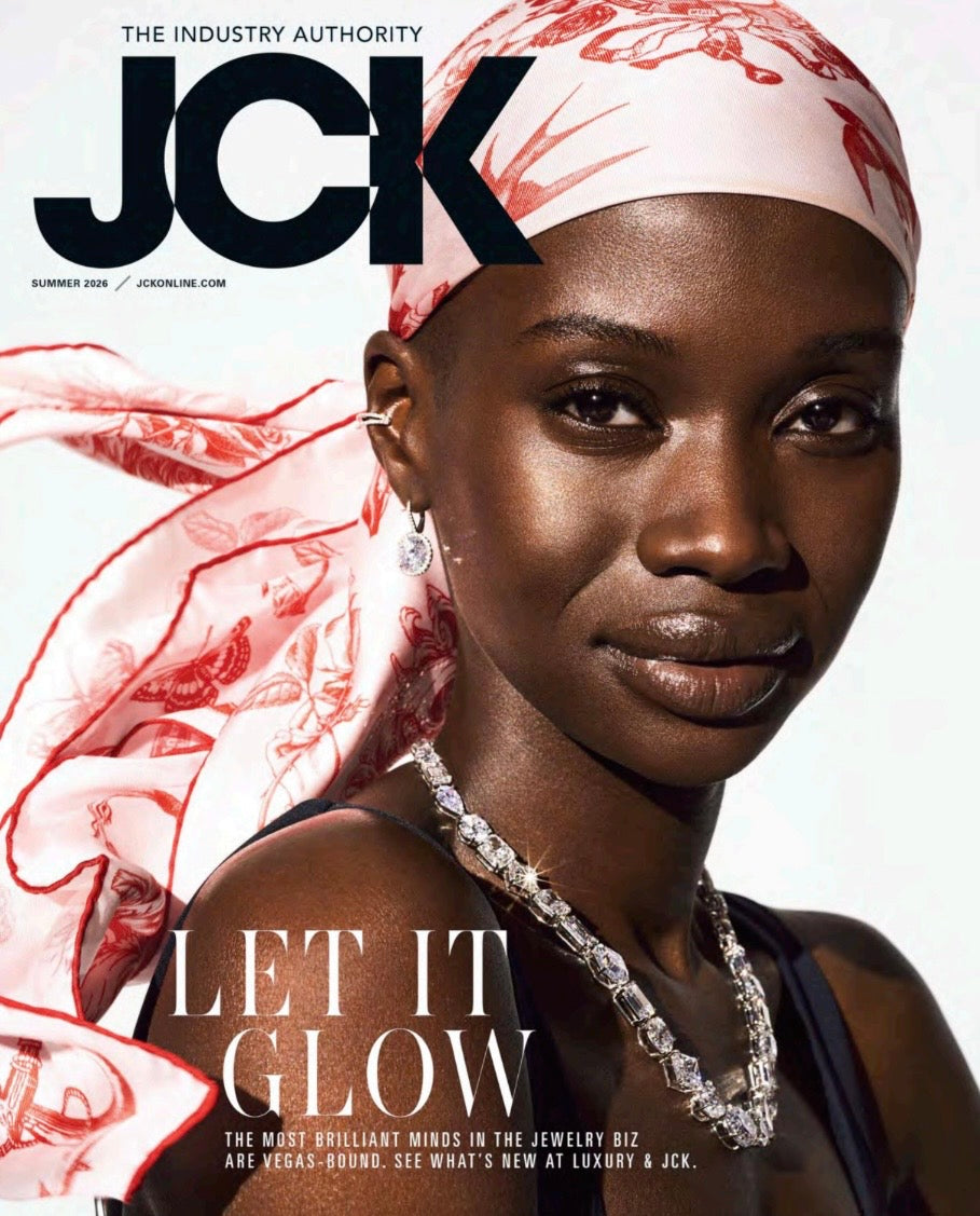Cover of JCK magazine featuring a woman with jewelry and text about the jewelry industry.