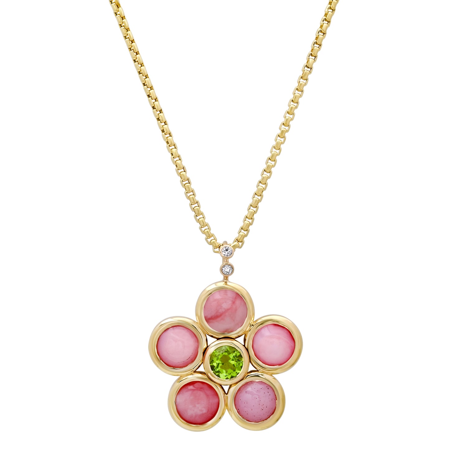 Sig Ward Jewelry 14K YG Pink Opal, Peridot and Diamond Blossom Necklace featuring pink opal petals, peridot accents, and brilliant diamonds in polished 14K yellow gold.
