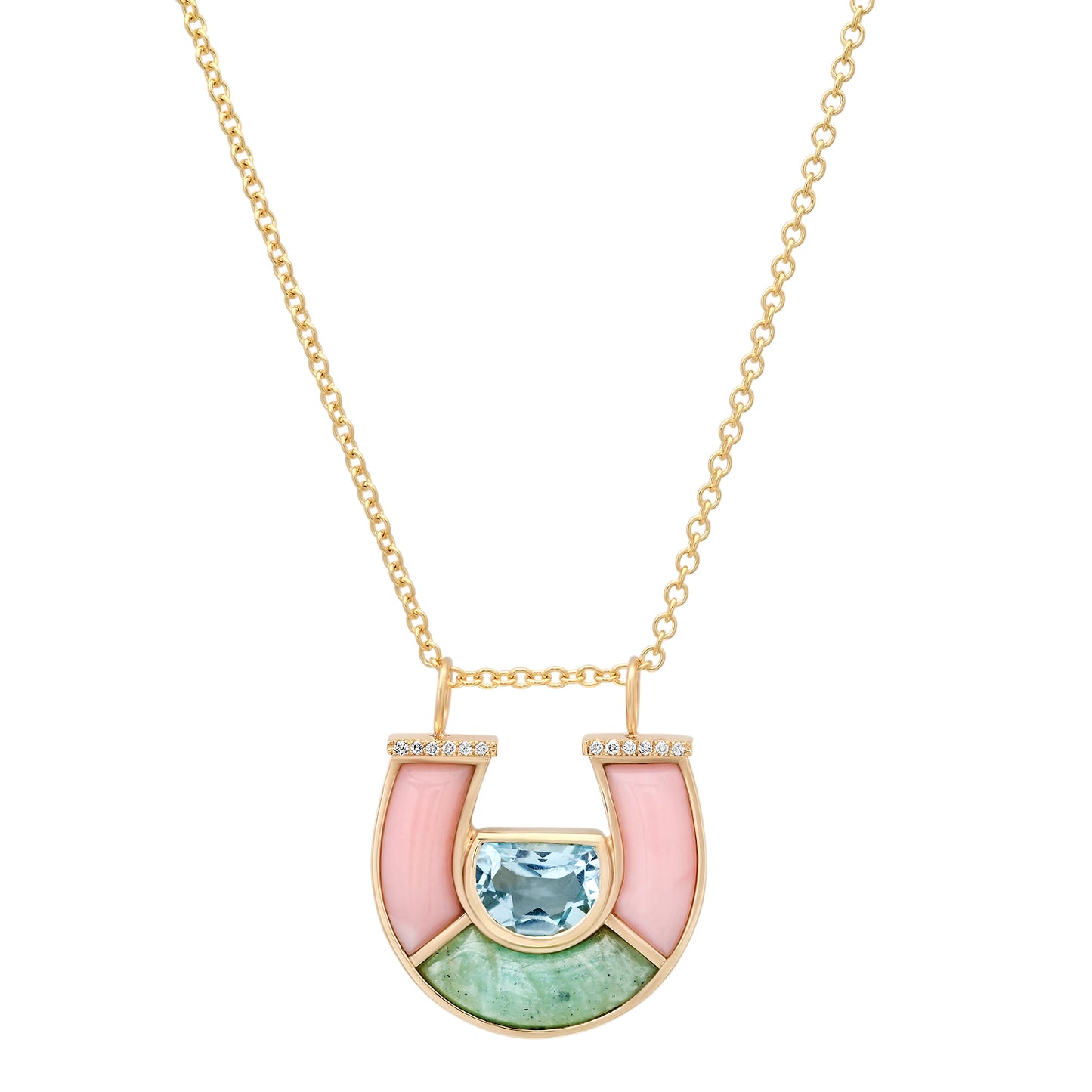 Sig Ward Jewelry 14K YG Jumbo Topaz, Pink Opal, Amazonite and Diamond Horseshoe Necklace featuring jumbo topaz, pink opal, amazonite, and brilliant diamonds in a polished 14K yellow gold horseshoe pendant.