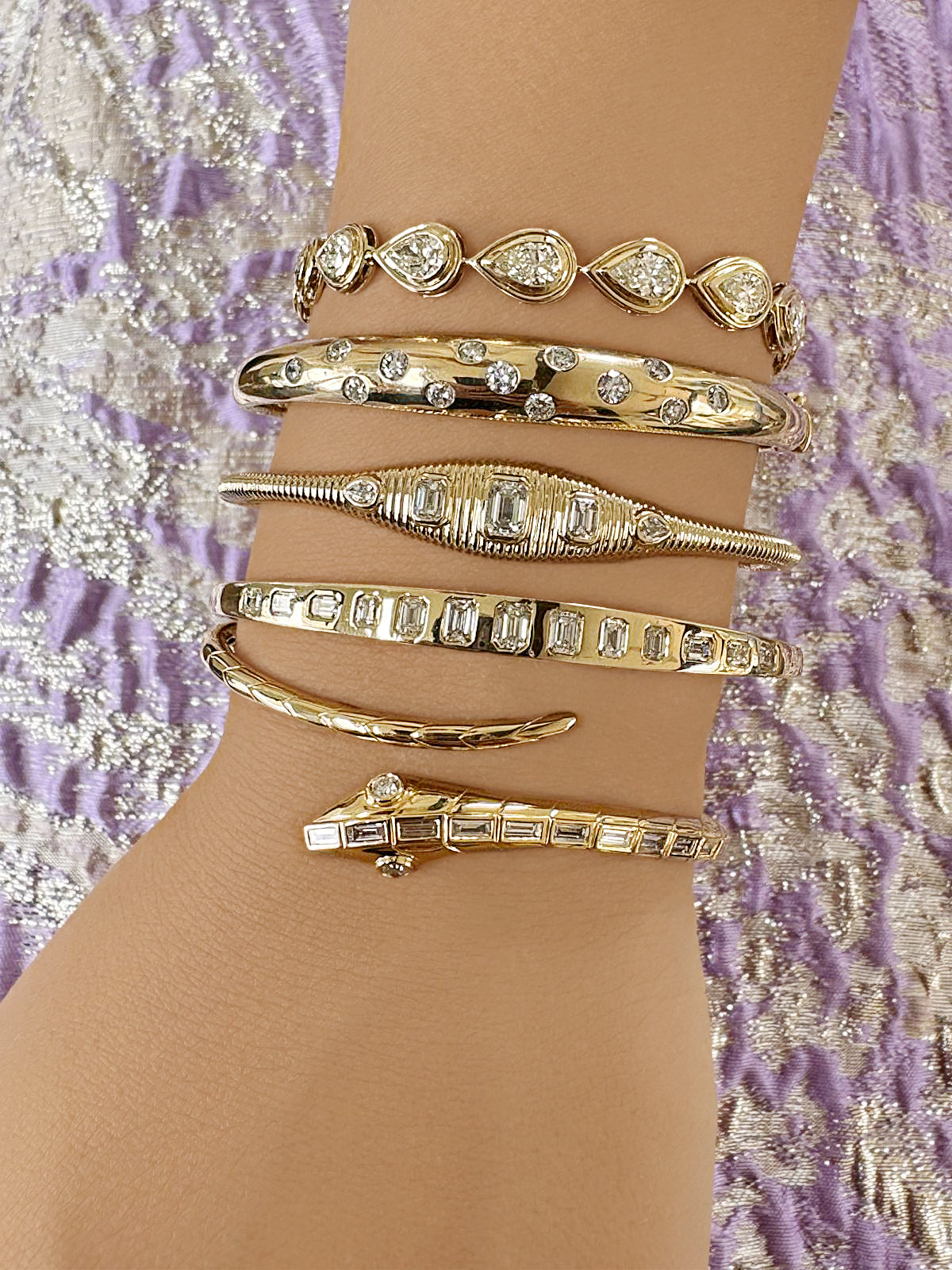 14K YG Wide Gypsy Set Diamond Bangle