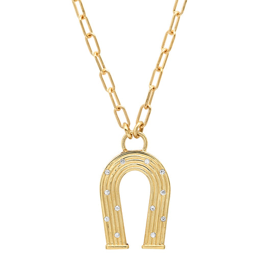 14K Yellow Gold Mini Reeded Diamond Horseshoe Necklace