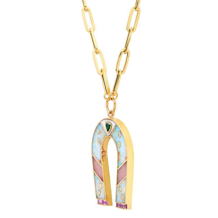 14K Yellow Gold Opal and Pink Opal Horseshoe Necklace