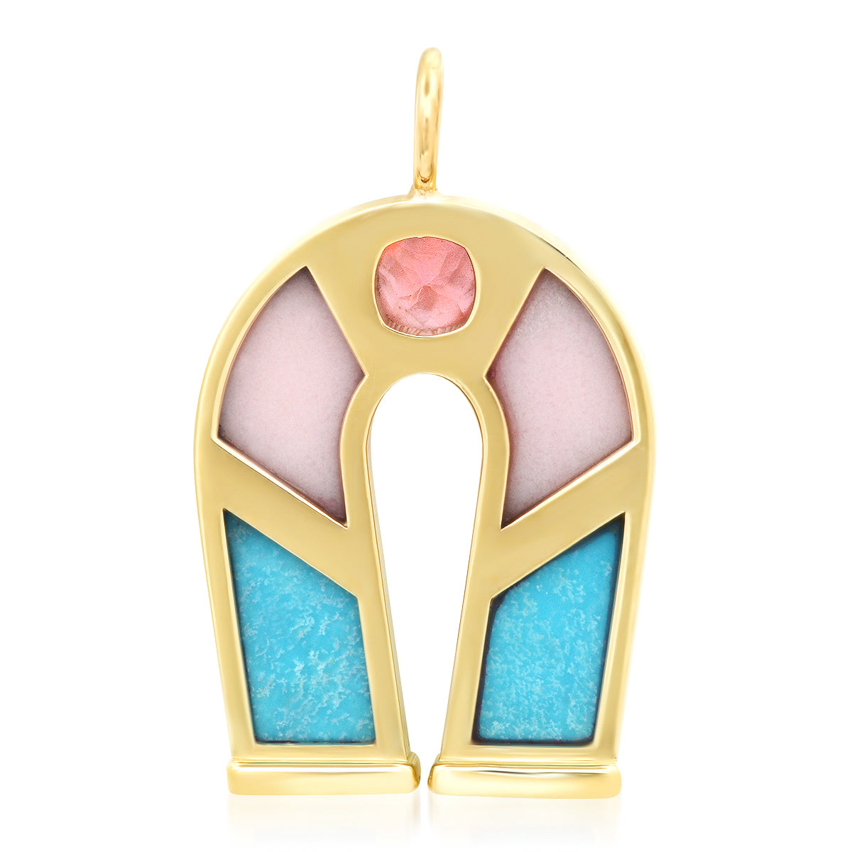 14K Yellow Gold Pink Tourmaline, Pink Opal and Turquoise Horseshoe Necklace