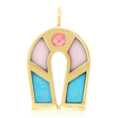 14K Yellow Gold Pink Tourmaline, Pink Opal and Turquoise Horseshoe Necklace