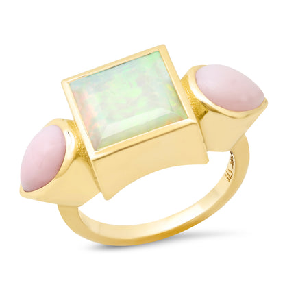 14K YG Ethiopian Opal and Pink Opal Trilogy Ring