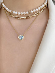 14K YG Aquamarine Heart and Diamond Necklace