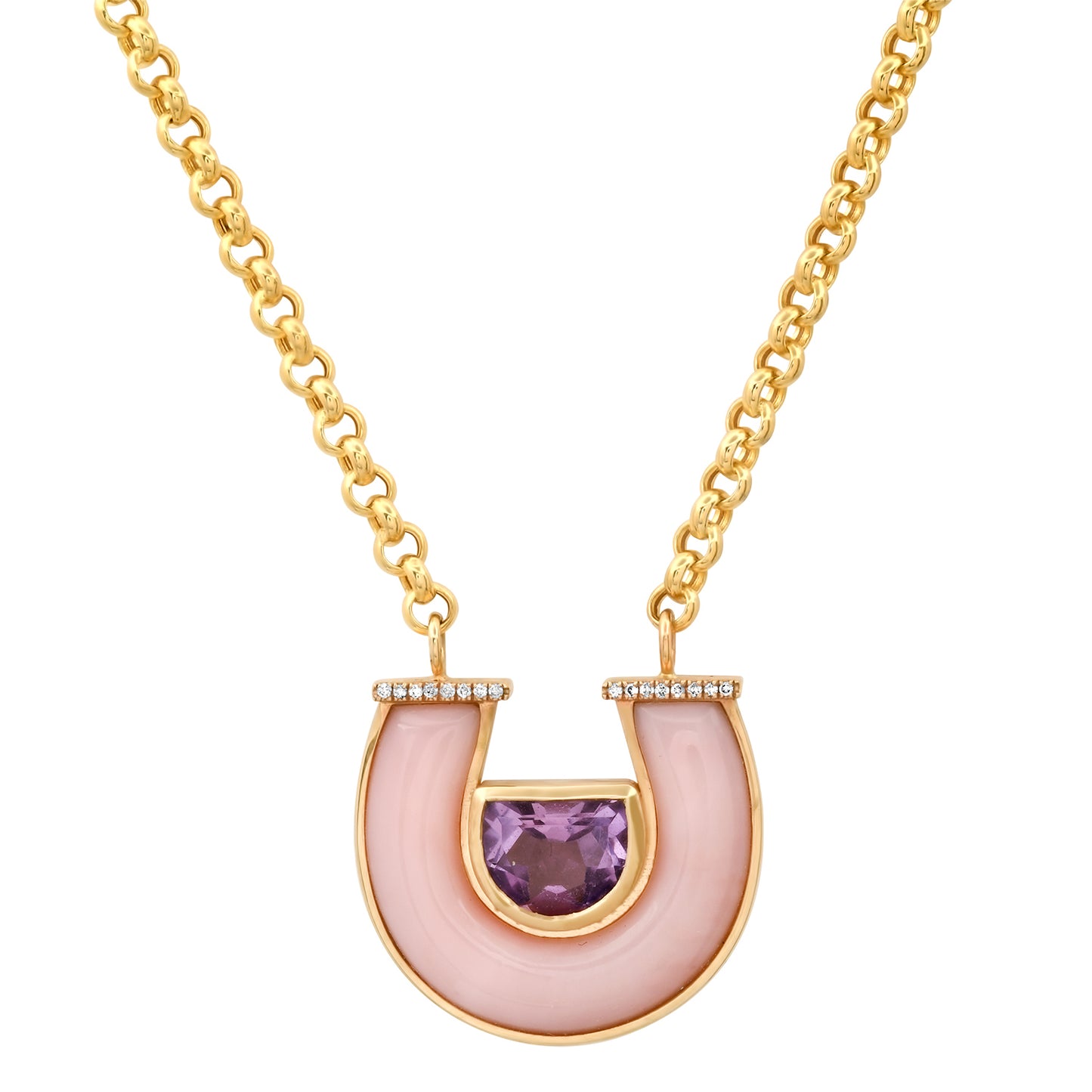 14K yellow gold horseshoe necklace featuring jumbo amethyst, pink opal gemstones, and diamond accents by Sig Ward Jewelry