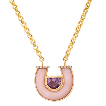 14K yellow gold horseshoe necklace featuring jumbo amethyst, pink opal gemstones, and diamond accents by Sig Ward Jewelry