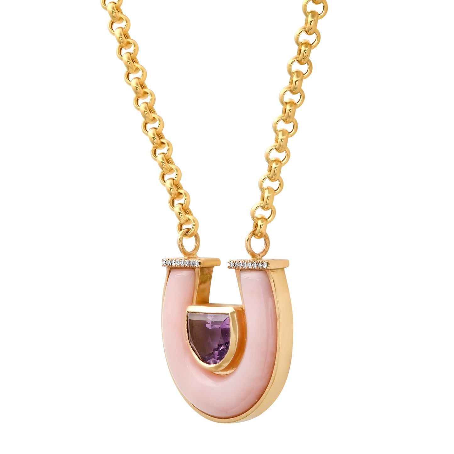14K yellow gold horseshoe necklace featuring jumbo amethyst, pink opal gemstones, and diamond accents by Sig Ward Jewelry