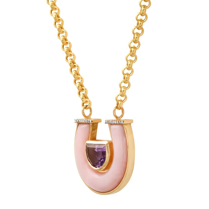 14K yellow gold horseshoe necklace featuring jumbo amethyst, pink opal gemstones, and diamond accents by Sig Ward Jewelry