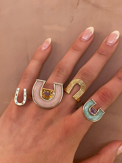 14K yellow gold horseshoe ring featuring jumbo citrine, pink opal gemstones, and diamond accents by Sig Ward Jewelry