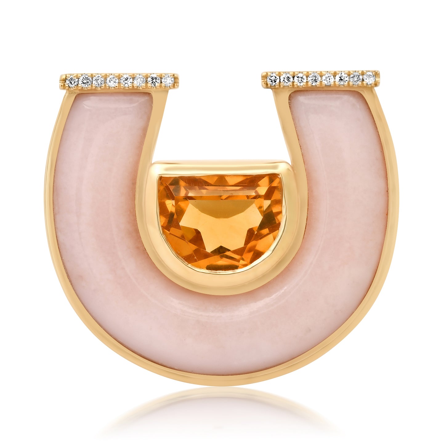 14K yellow gold horseshoe ring featuring jumbo citrine, pink opal gemstones, and diamond accents by Sig Ward Jewelry