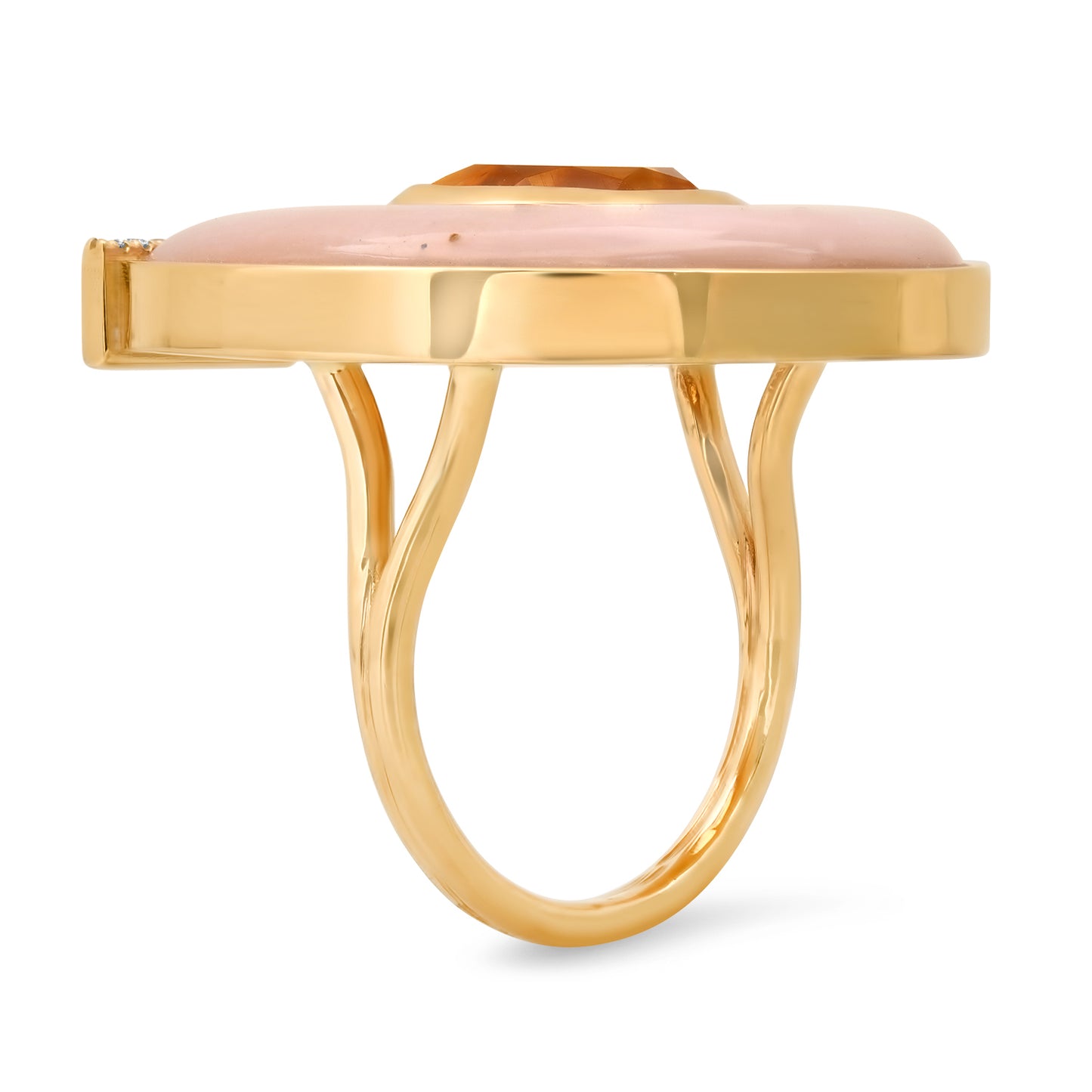 14K yellow gold horseshoe ring featuring jumbo citrine, pink opal gemstones, and diamond accents by Sig Ward Jewelry