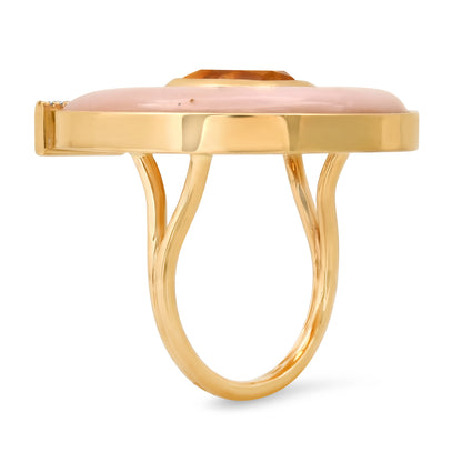 14K yellow gold horseshoe ring featuring jumbo citrine, pink opal gemstones, and diamond accents by Sig Ward Jewelry