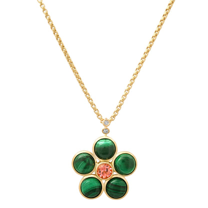 14K Yellow Gold Blossom Necklace Featuring Pink Opal, Green Tourmaline, And Diamond Accents By Sig Ward Jewelry.