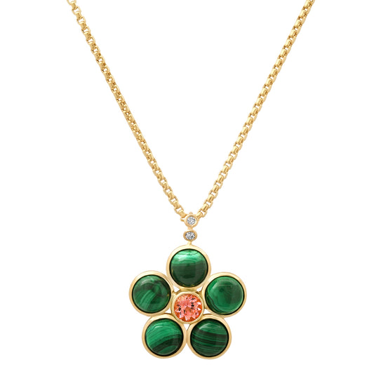 14K Yellow Gold Blossom Necklace Featuring Pink Opal, Green Tourmaline, And Diamond Accents By Sig Ward Jewelry.