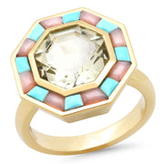 14K YG Green Amethyst, Pink Opal and Turquoise Bia Ring