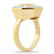14K YG Green Amethyst, Pink Opal and Turquoise Bia Ring
