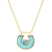 14K YG Blue Topaz, Turquoise and Diamond Horseshoe Necklace