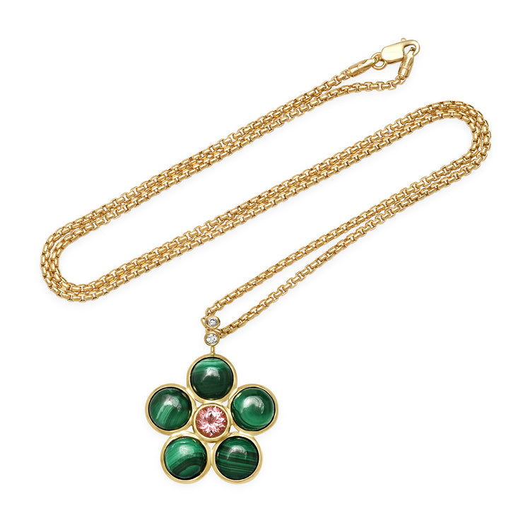 14K YG Malachite, Pink Tourmaline and Diamond Blossom Necklace