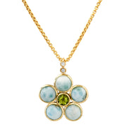 14K YG Larimar, Peridot and Diamond Blossom Necklace