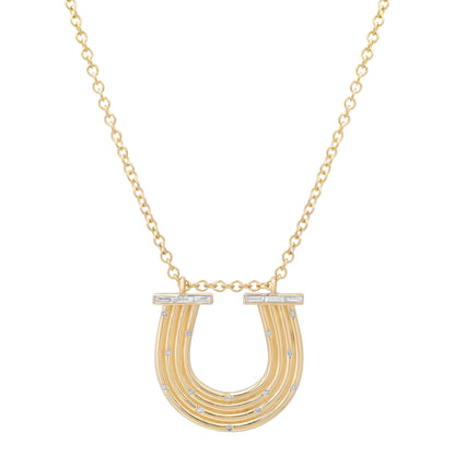 14K YG Large Slim  Reeded Baguette Diamond Horseshoe Necklace