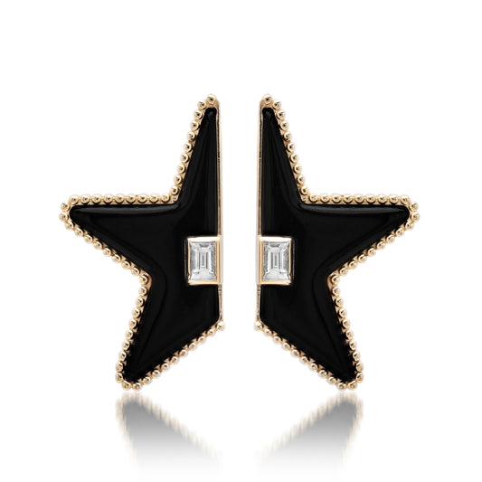 Star Power Split Onyx And Baguette Diamond Earrings