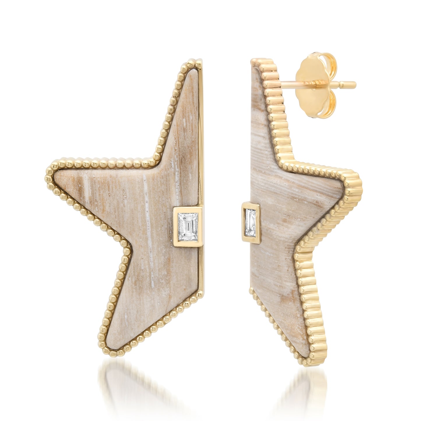Mega Star Power Split Petrified Wood And Baguette Diamond Earrings
