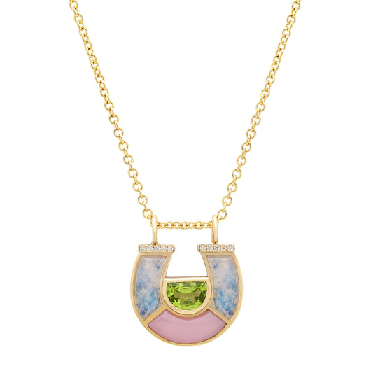 14K YG Peridot, Moonstone, Pink Opal and Diamond Horseshoe Necklace