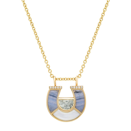 14K YG Prasolite, Lace Agate, White Mother of Pearl and Diamond Horseshoe Necklace